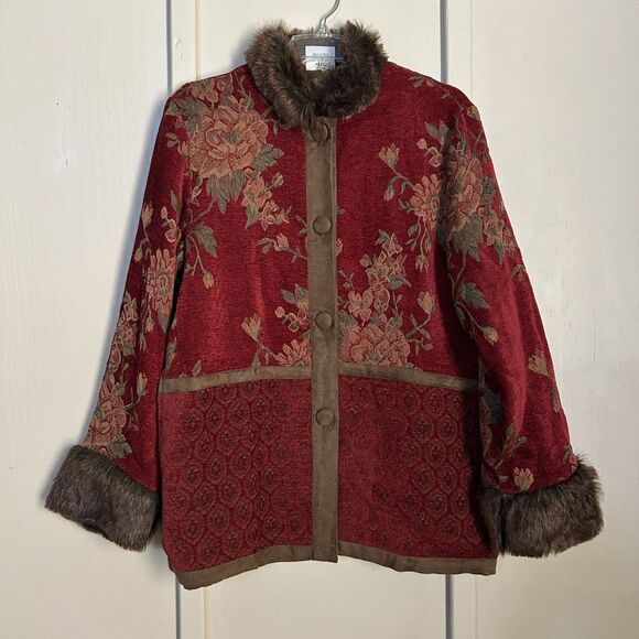 Vintage Isabellas Journey San Remo Tapestry Jacket L/XL Y2K Fur Trim Pockets - Picture 1 of 11